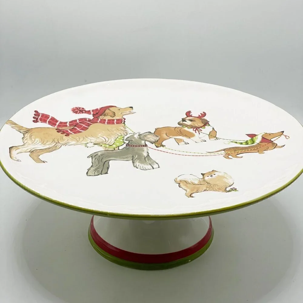Pier 1 Park Avenue Puppies Christmas Cake Hand Painted Ironstone Dessert Stand